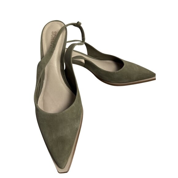 Schutz Olive Green Suede Pointed Toe Slingback Kitten Heels Size 8 - Picture 2 of 10